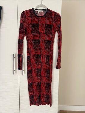 Derek Lam Red and Black Plaid Long-Sleeve Knit Dress